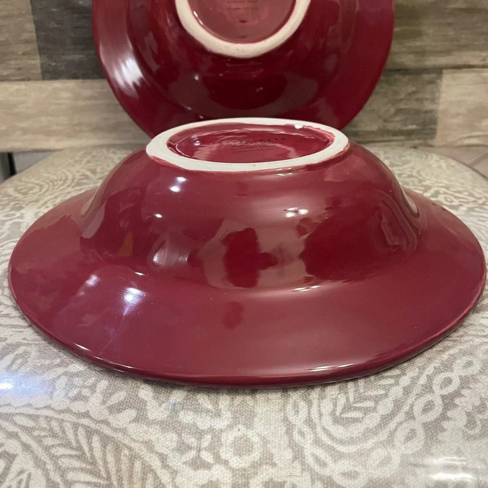 Pottery Barn Sausalito Red Pasta Bowls Set of 2 Stoneware Wide Rim 10